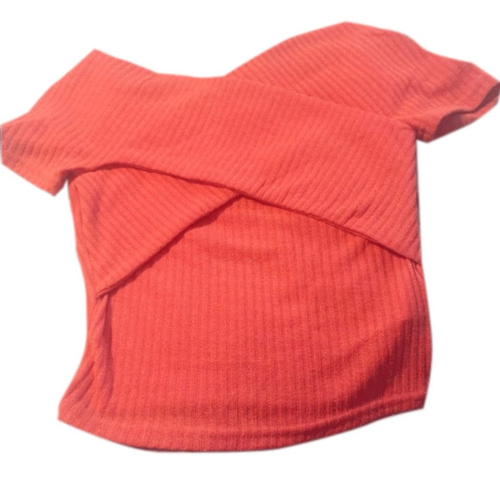 Orange Ribbed Knit Faux Wrap Short Sleeve Top L
